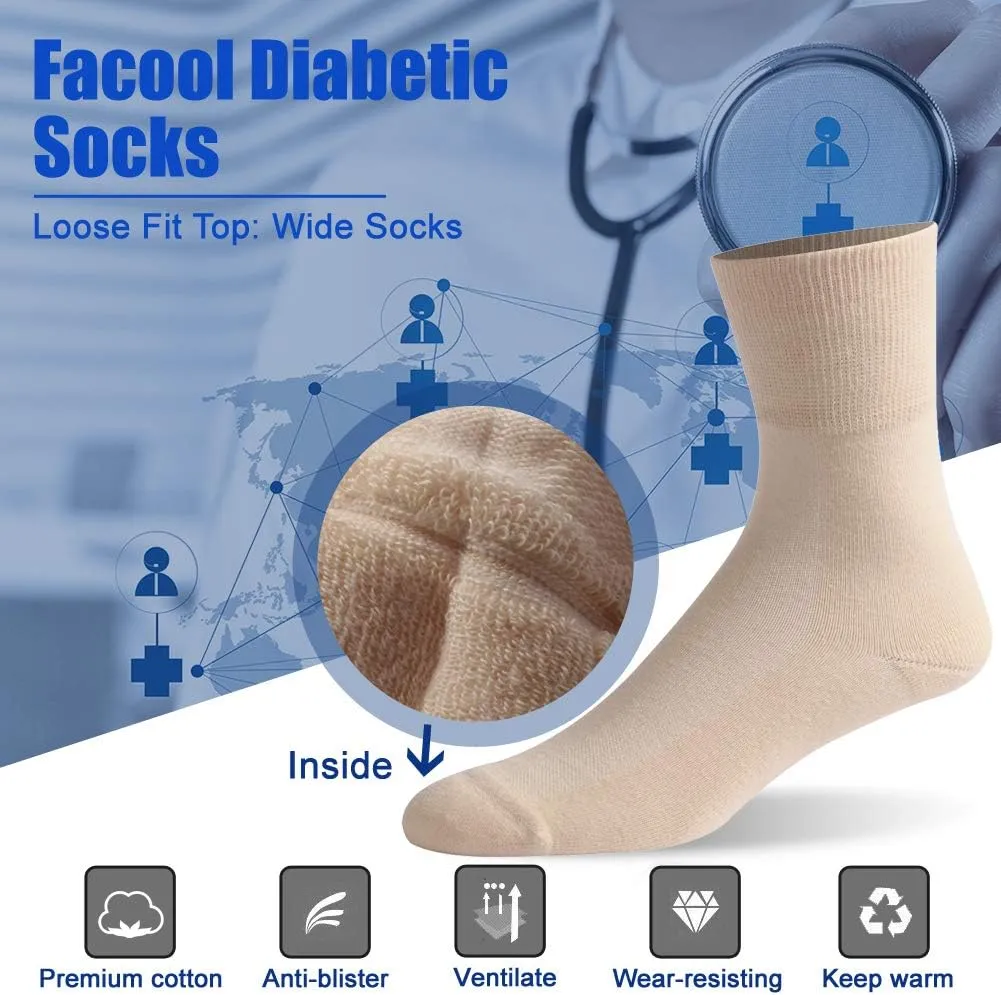 Facool Non-Binding Top Diabetic Socks, Men Women Comfort Smooth Seamless Toe Sensitivity Wide Medical Crew Mid-Calf Socks for Edema,Diabetes,Neuropathy,Circulation,Swelling, 6 Pairs Beige X-Large