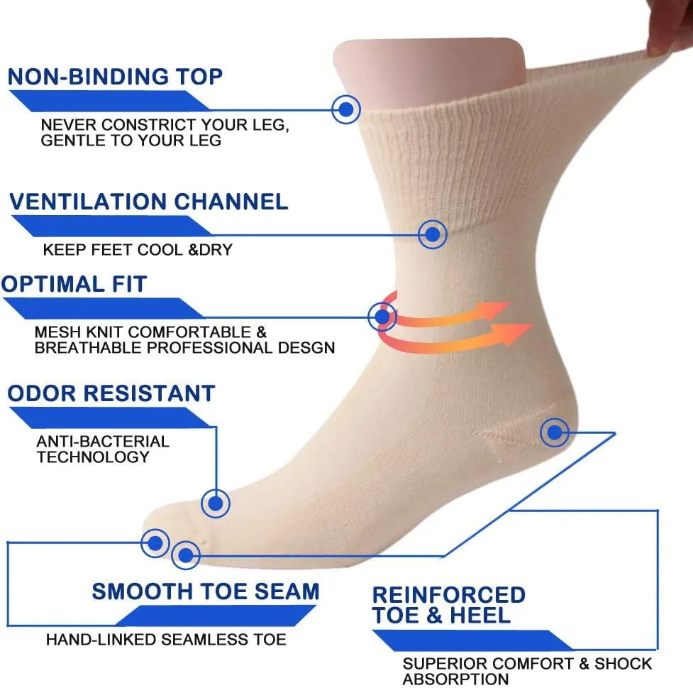 Facool Non-Binding Top Diabetic Socks, Men Women Comfort Smooth Seamless Toe Sensitivity Wide Medical Crew Mid-Calf Socks for Edema,Diabetes,Neuropathy,Circulation,Swelling, 6 Pairs Beige X-Large