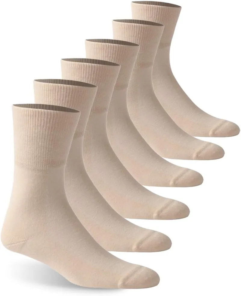 Facool Non-Binding Top Diabetic Socks, Men Women Comfort Smooth Seamless Toe Sensitivity Wide Medical Crew Mid-Calf Socks for Edema,Diabetes,Neuropathy,Circulation,Swelling, 6 Pairs Beige X-Large