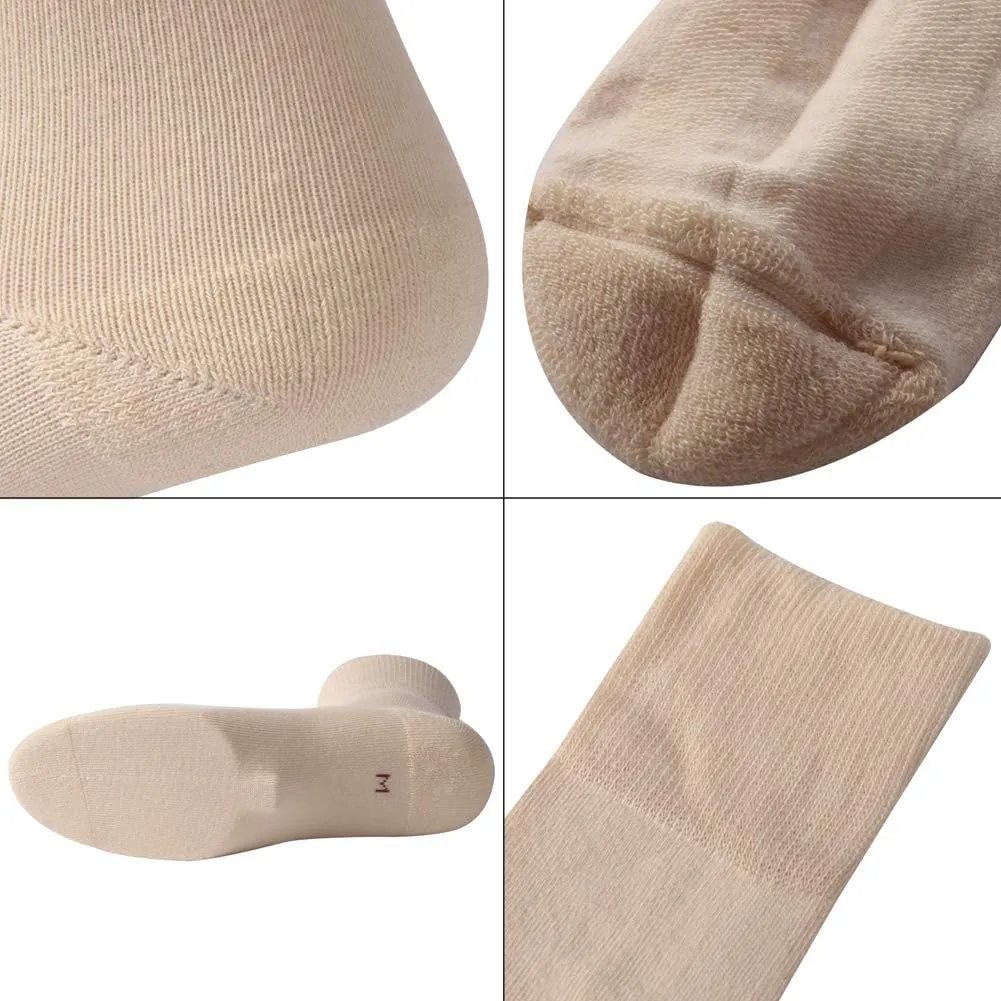 Facool Non-Binding Top Diabetic Socks, Men Women Comfort Smooth Seamless Toe Sensitivity Wide Medical Crew Mid-Calf Socks for Edema,Diabetes,Neuropathy,Circulation,Swelling, 6 Pairs Beige X-Large