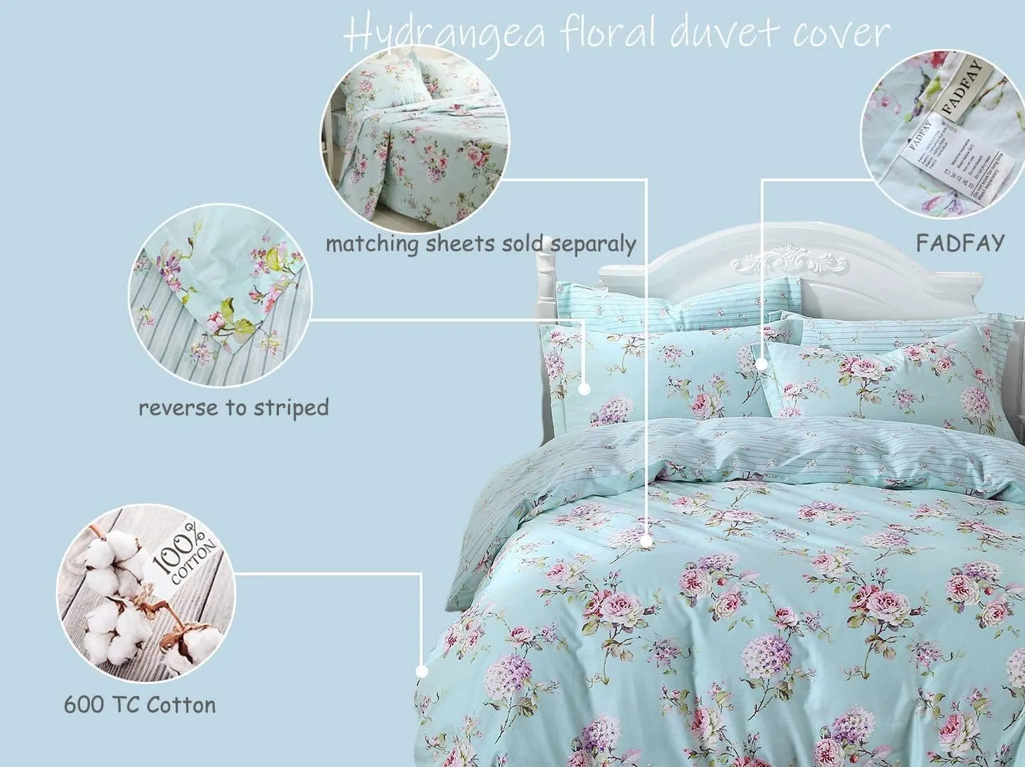 FADFAY French Country Duvet Cover Set King/California King 100% Cotton Floral Bedding Farmhouse Hydrangea Flower and Rose Floral Shabby Comforter Covers with Hidden Zipper - No Filling