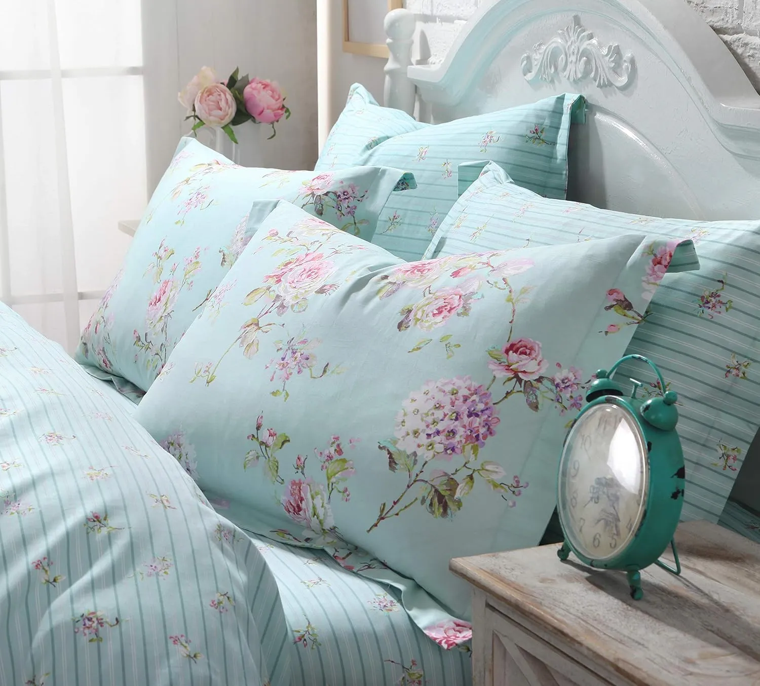 FADFAY French Country Duvet Cover Set King/California King 100% Cotton Floral Bedding Farmhouse Hydrangea Flower and Rose Floral Shabby Comforter Covers with Hidden Zipper - No Filling