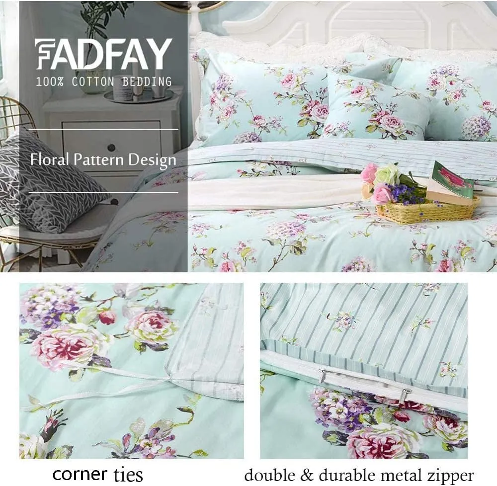 FADFAY French Country Duvet Cover Set King/California King 100% Cotton Floral Bedding Farmhouse Hydrangea Flower and Rose Floral Shabby Comforter Covers with Hidden Zipper - No Filling