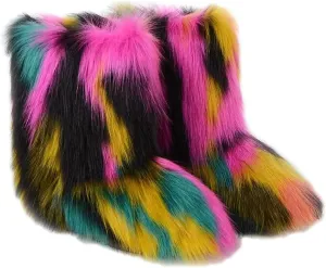 Faux Fur Boots for Women Fuzzy Fluffy Furry Round Toe Suede Winter Comfy Plush Warm Short Snow Bootie Flat Shoes Mid-Calf Boots Outdoor Indoor