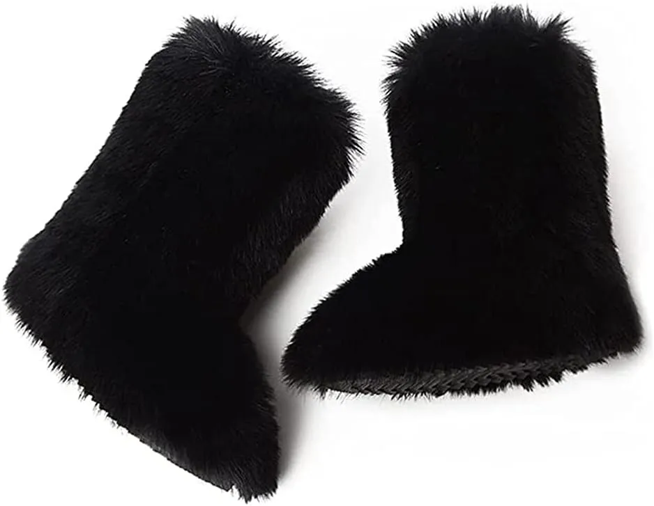 Faux Fur Boots for Women Fuzzy Fluffy Furry Round Toe Suede Winter Comfy Plush Warm Short Snow Bootie Flat Shoes Mid-Calf Boots Outdoor Indoor