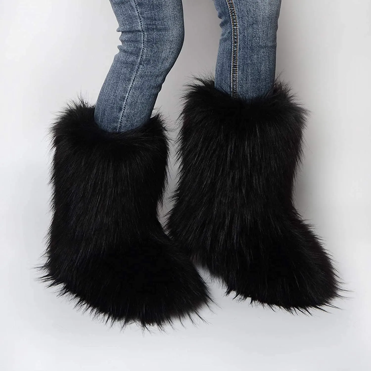 Faux Fur Boots for Women Fuzzy Fluffy Furry Round Toe Suede Winter Comfy Plush Warm Short Snow Bootie Flat Shoes Mid-Calf Boots Outdoor Indoor