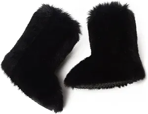Faux Fur Boots for Women Fuzzy Fluffy Furry Round Toe Suede Winter Comfy Plush Warm Short Snow Bootie Flat Shoes Mid-Calf Boots Outdoor Indoor