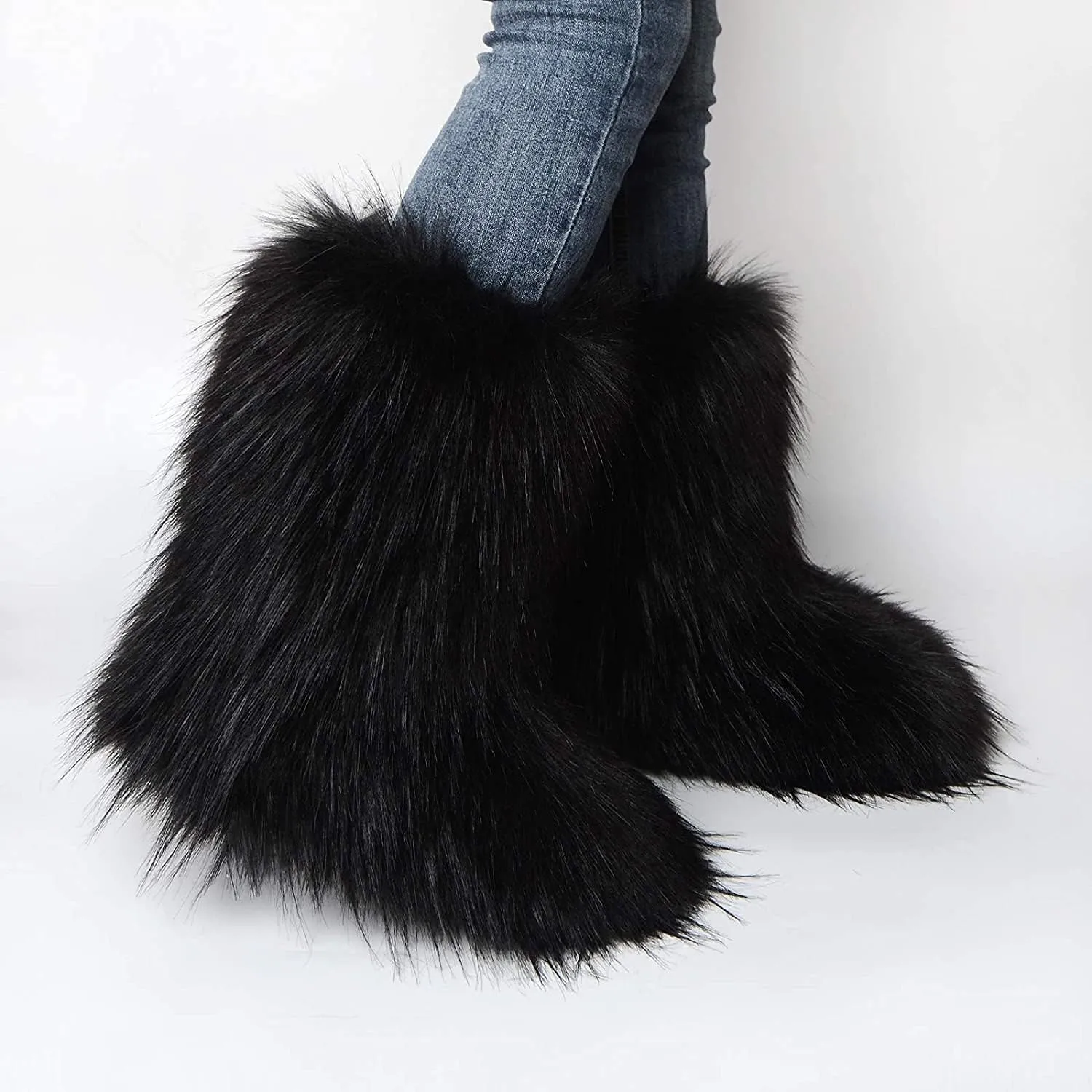 Faux Fur Boots for Women Fuzzy Fluffy Furry Round Toe Suede Winter Comfy Plush Warm Short Snow Bootie Flat Shoes Mid-Calf Boots Outdoor Indoor