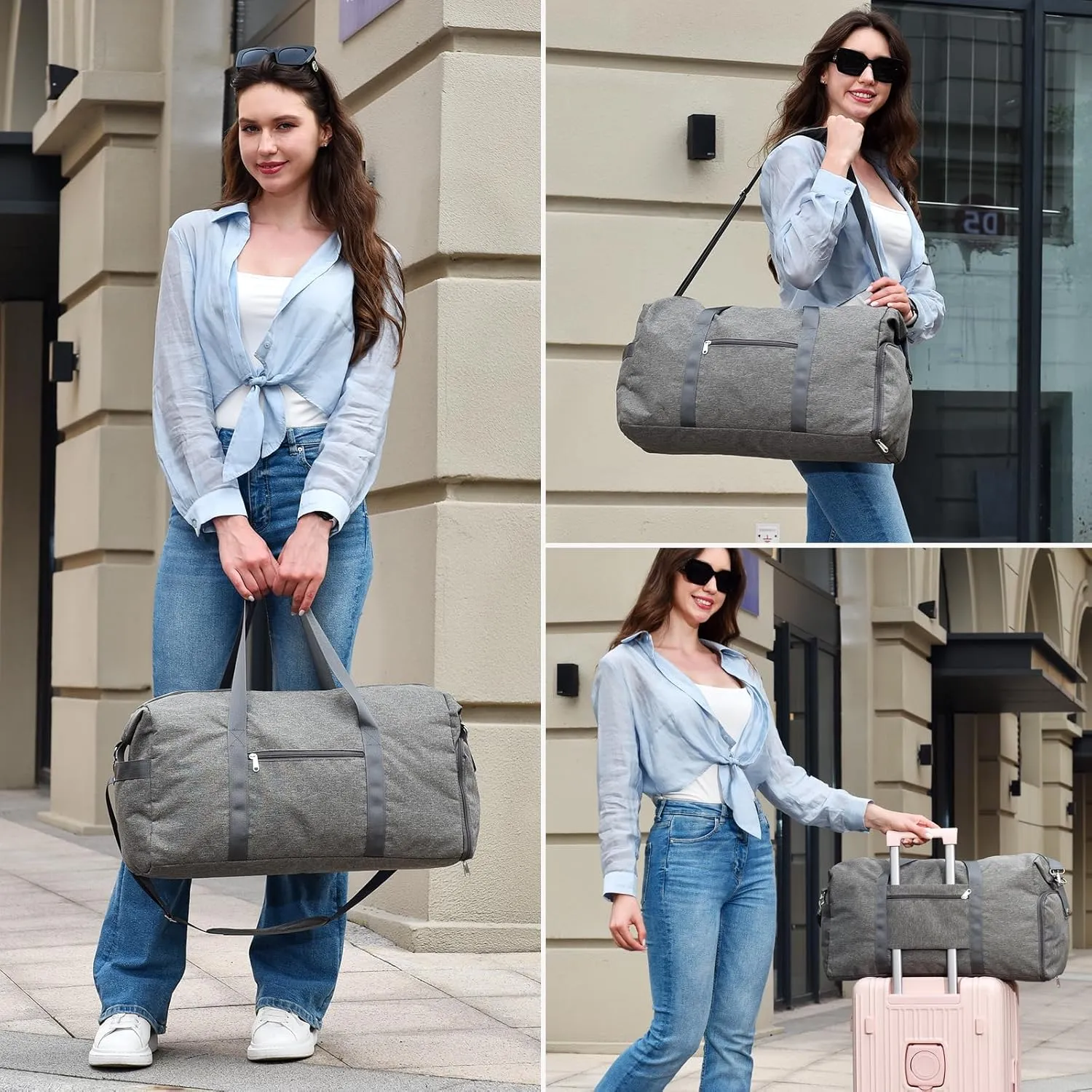 Felipe Varela Carry on luaggage 22x14x9 Airlines Approved, Foldable Carry on Bag Travel Duffel Bags Small Overnight weekender Gym Duffle Bag with Wet Pocket for Women Men (Grey, 40L)