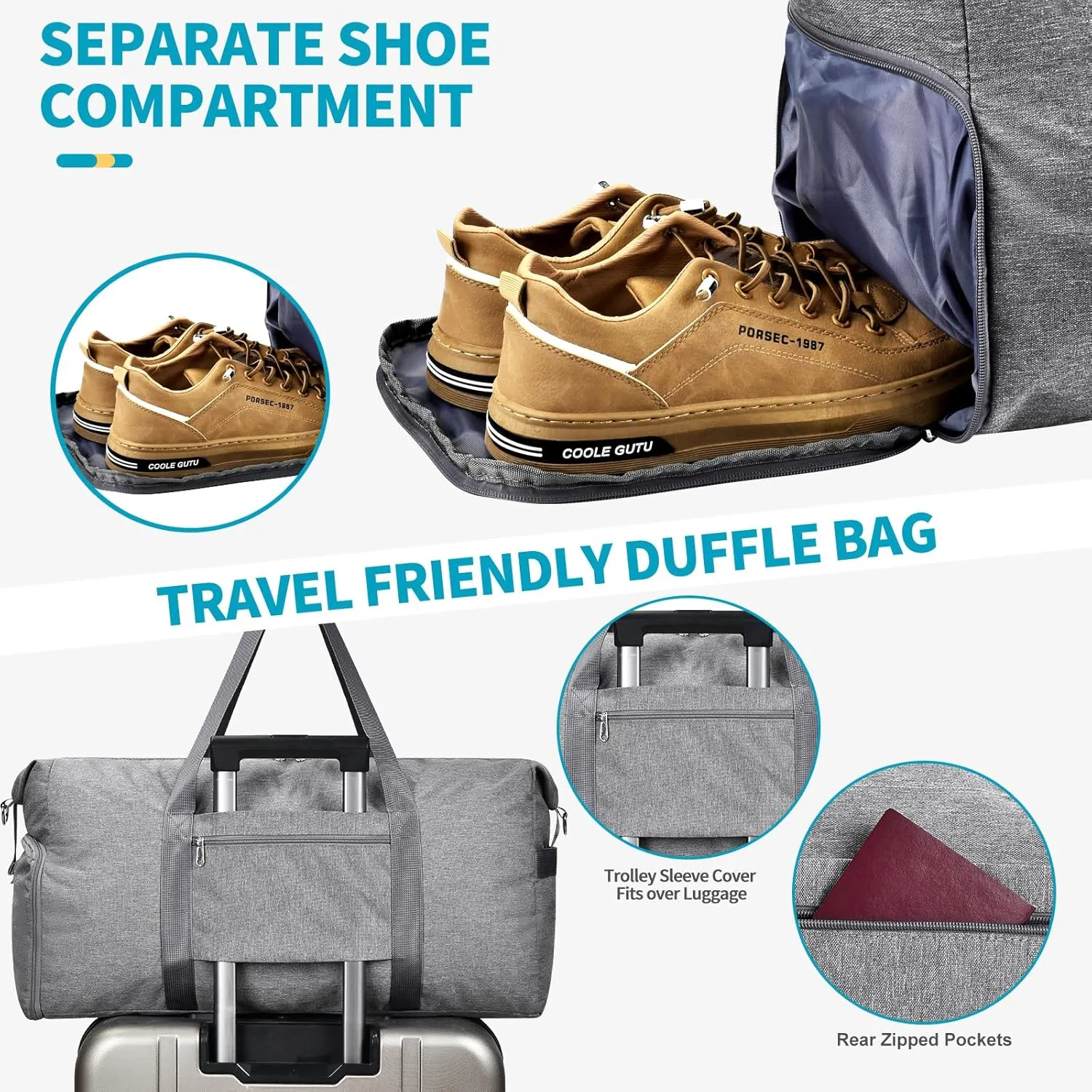Felipe Varela Carry on luaggage 22x14x9 Airlines Approved, Foldable Carry on Bag Travel Duffel Bags Small Overnight weekender Gym Duffle Bag with Wet Pocket for Women Men (Grey, 40L)