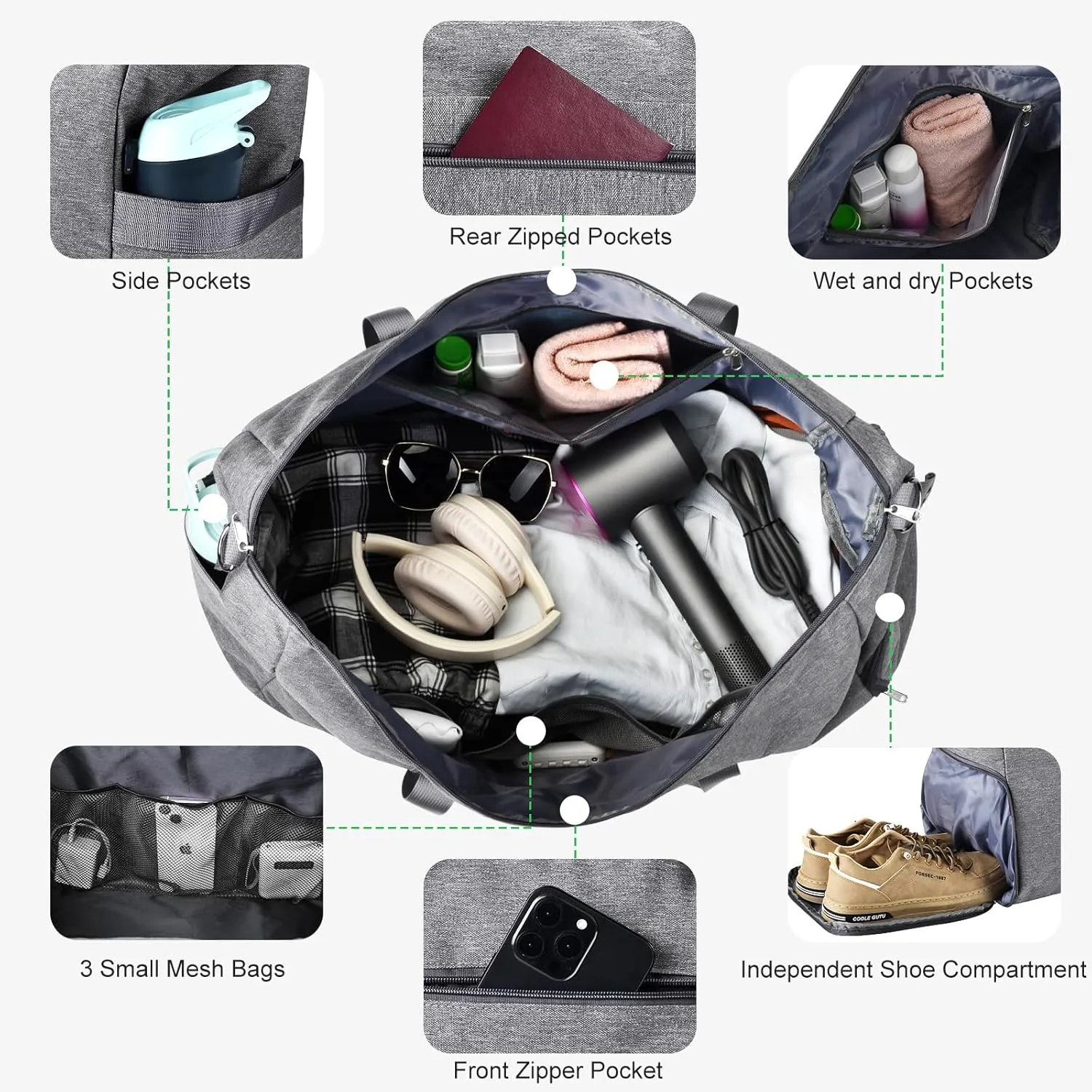 Felipe Varela Carry on luaggage 22x14x9 Airlines Approved, Foldable Carry on Bag Travel Duffel Bags Small Overnight weekender Gym Duffle Bag with Wet Pocket for Women Men (Grey, 40L)