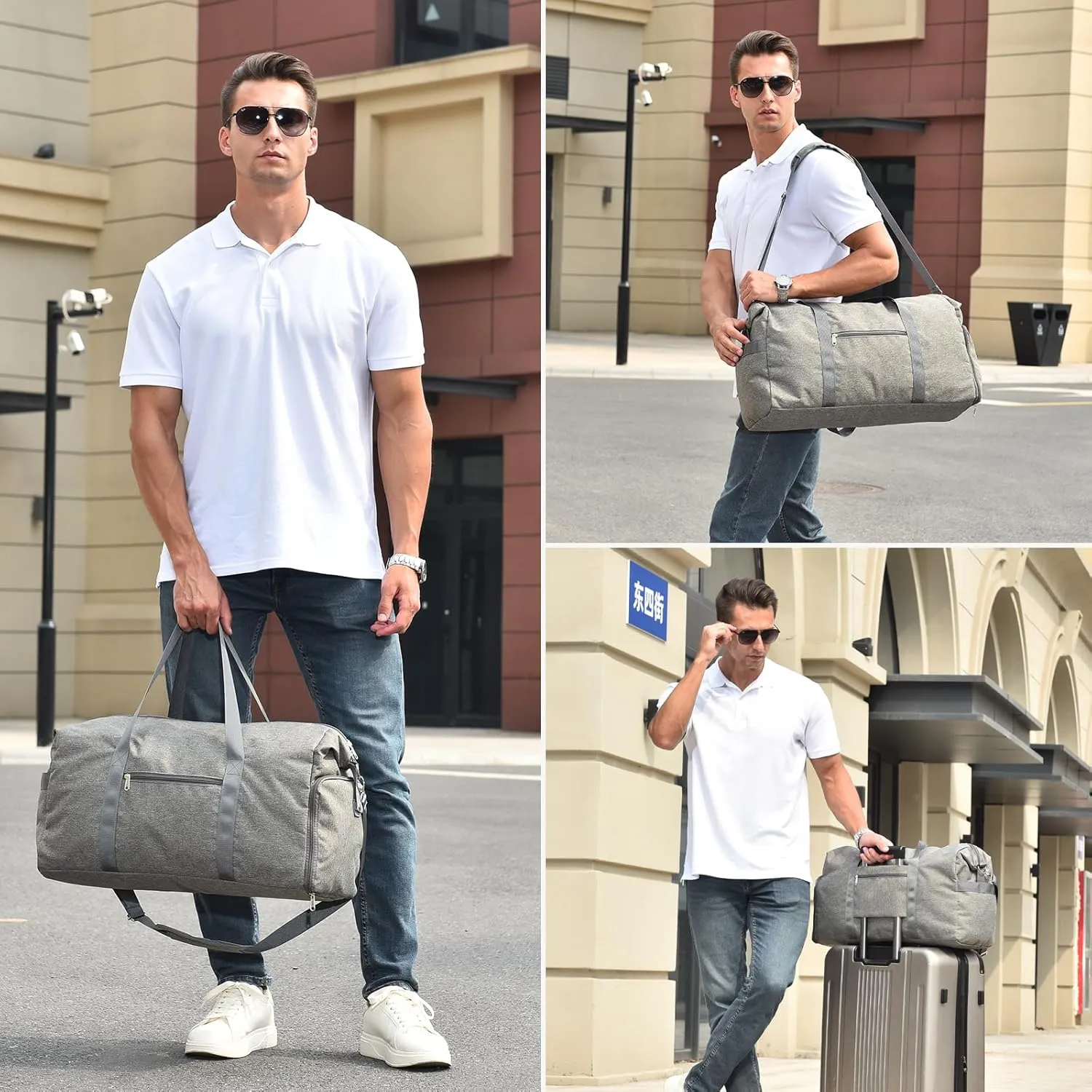 Felipe Varela Carry on luaggage 22x14x9 Airlines Approved, Foldable Carry on Bag Travel Duffel Bags Small Overnight weekender Gym Duffle Bag with Wet Pocket for Women Men (Grey, 40L)