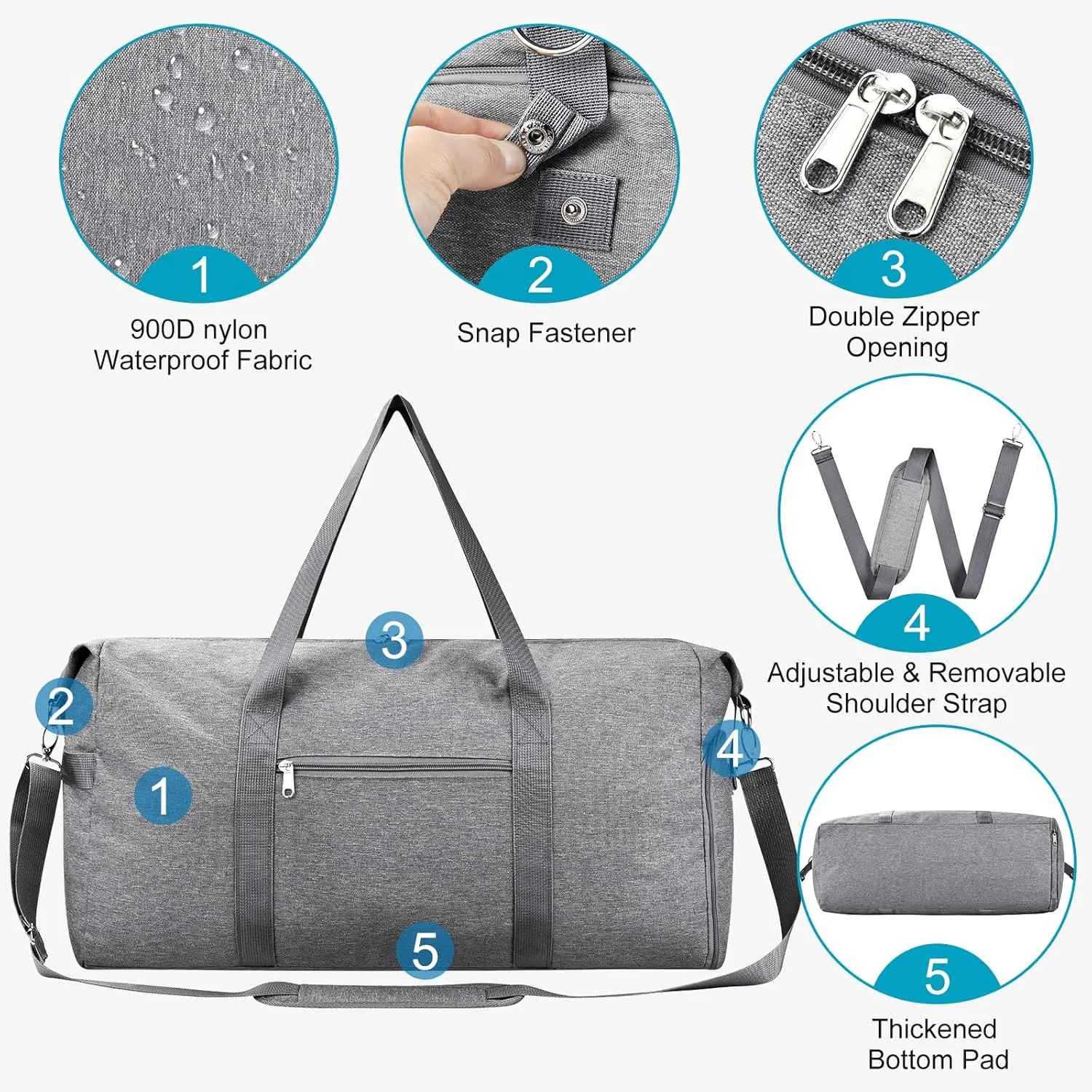 Felipe Varela Carry on luaggage 22x14x9 Airlines Approved, Foldable Carry on Bag Travel Duffel Bags Small Overnight weekender Gym Duffle Bag with Wet Pocket for Women Men (Grey, 40L)