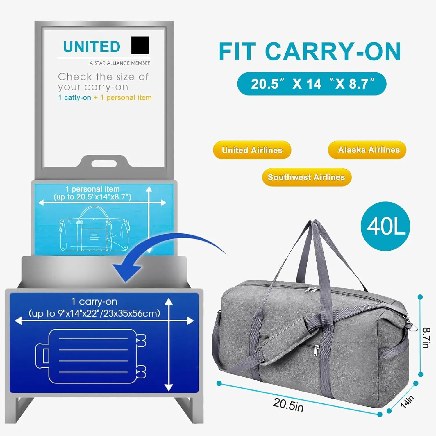 Felipe Varela Carry on luaggage 22x14x9 Airlines Approved, Foldable Carry on Bag Travel Duffel Bags Small Overnight weekender Gym Duffle Bag with Wet Pocket for Women Men (Grey, 40L)