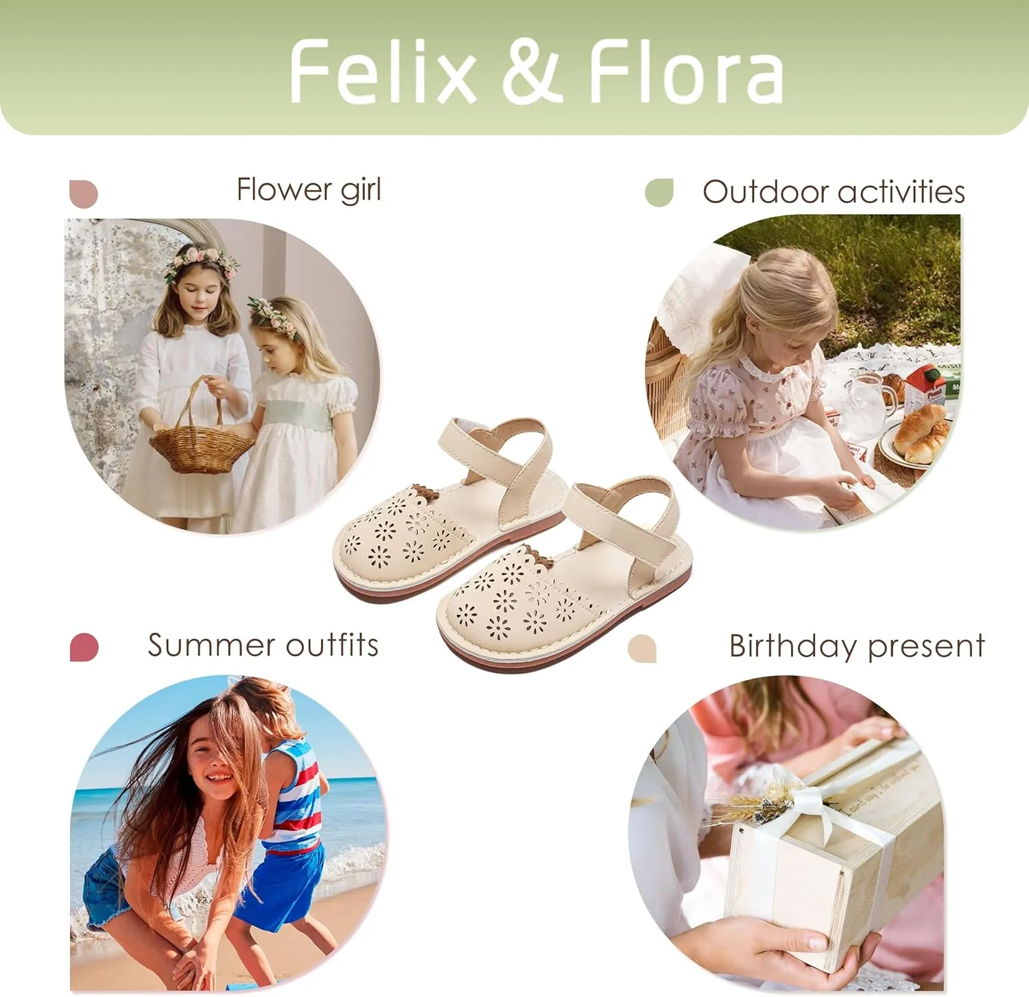 Felix & Flora Toddler Girls Sandals Soft Rubber Princess Flat Shoes Summer Flower Girl Shoes