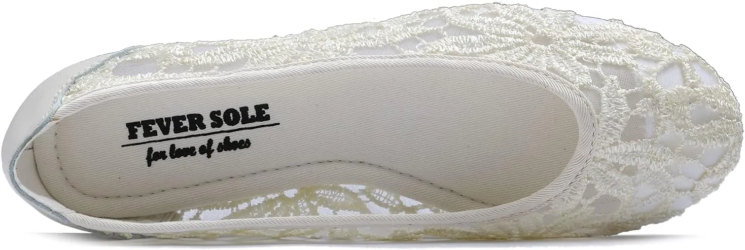 FEVERSOLE Round Toe Lace Ballet Crochet Flats Women's Comfy Breathable Shoes