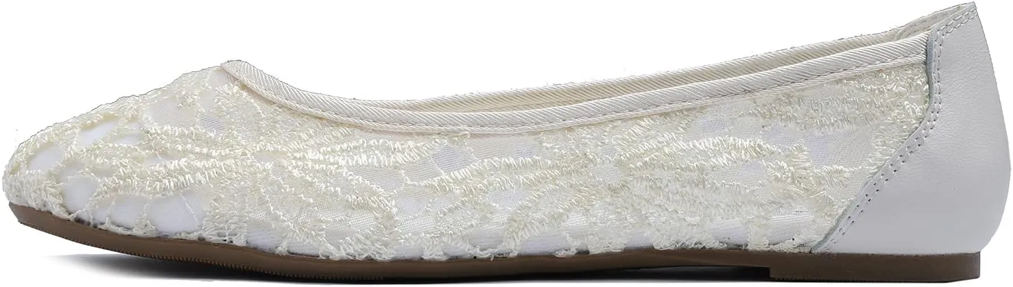 FEVERSOLE Round Toe Lace Ballet Crochet Flats Women's Comfy Breathable Shoes