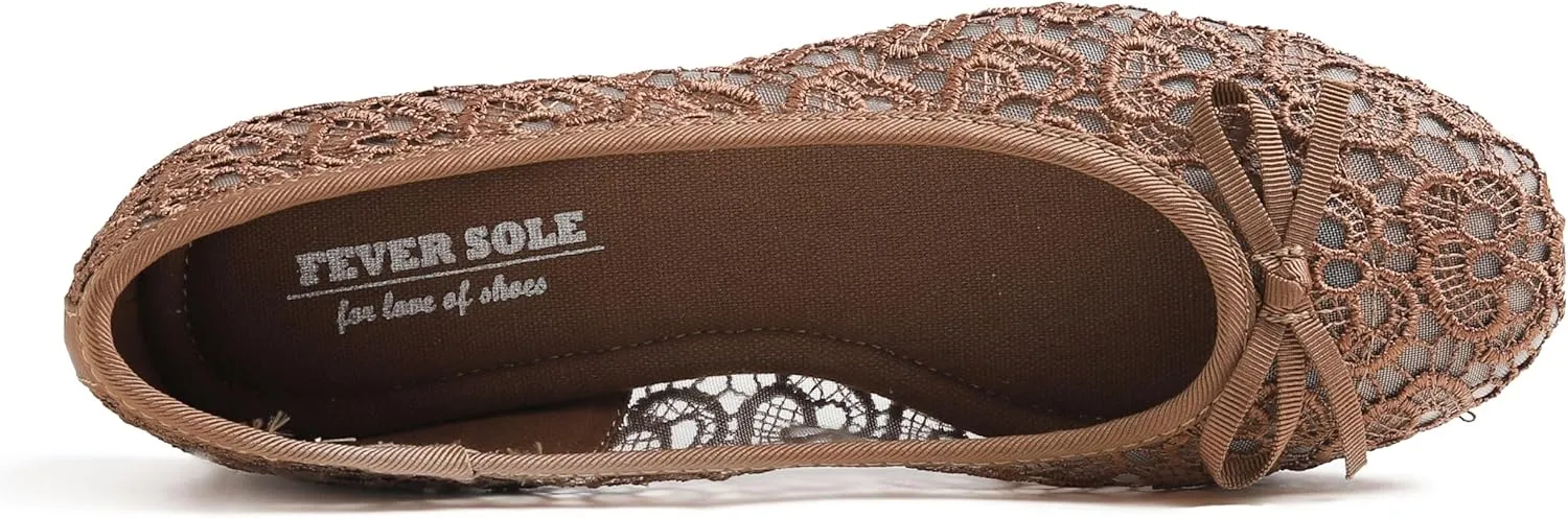 FEVERSOLE Round Toe Lace Ballet Crochet Flats Women's Comfy Breathable Shoes
