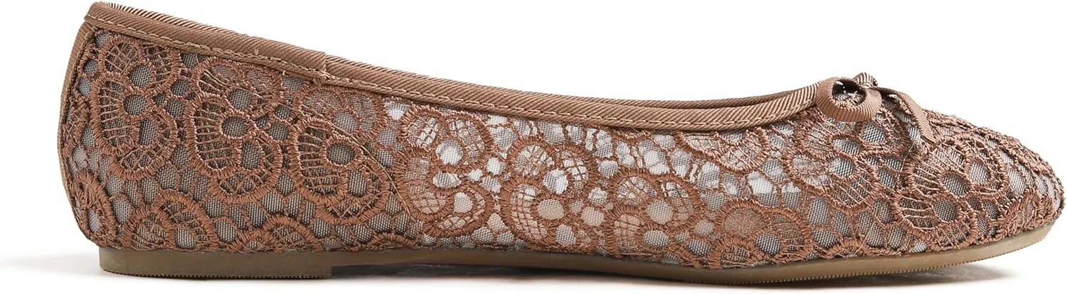 FEVERSOLE Round Toe Lace Ballet Crochet Flats Women's Comfy Breathable Shoes