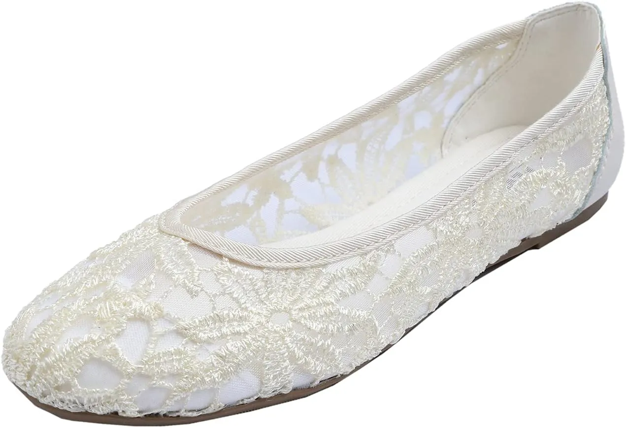 FEVERSOLE Round Toe Lace Ballet Crochet Flats Women's Comfy Breathable Shoes