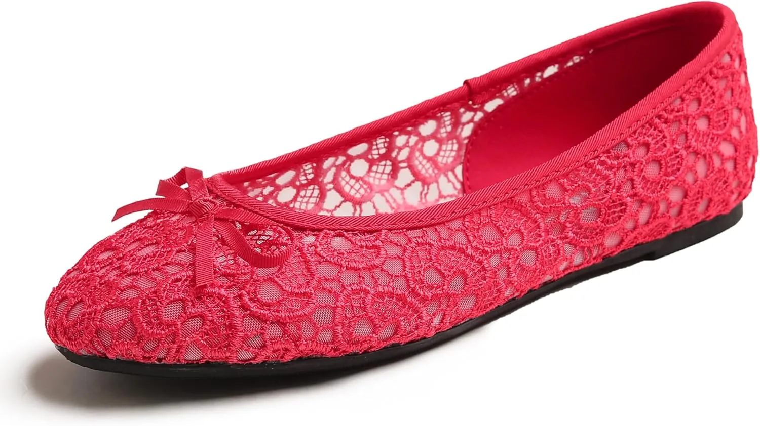 FEVERSOLE Round Toe Lace Ballet Crochet Flats Women's Comfy Breathable Shoes