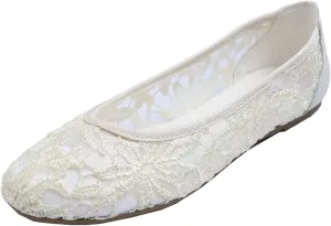 FEVERSOLE Round Toe Lace Ballet Crochet Flats Women's Comfy Breathable Shoes