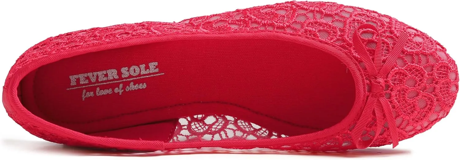 FEVERSOLE Round Toe Lace Ballet Crochet Flats Women's Comfy Breathable Shoes