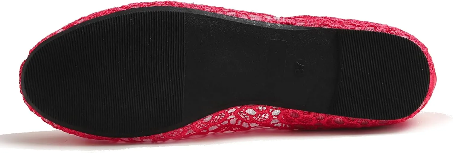 FEVERSOLE Round Toe Lace Ballet Crochet Flats Women's Comfy Breathable Shoes