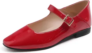 FEVERSOLE Women's Mary Jane Fashion Square Toe Easy Buckle Low Heel Slip On Flats