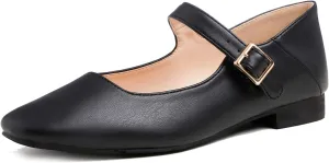 FEVERSOLE Women's Mary Jane Fashion Square Toe Easy Buckle Low Heel Slip On Flats