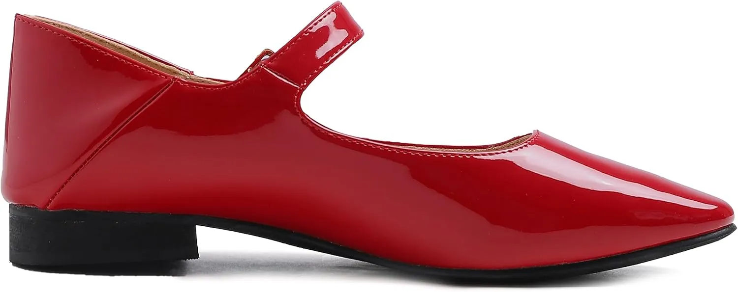 FEVERSOLE Women's Mary Jane Fashion Square Toe Easy Buckle Low Heel Slip On Flats