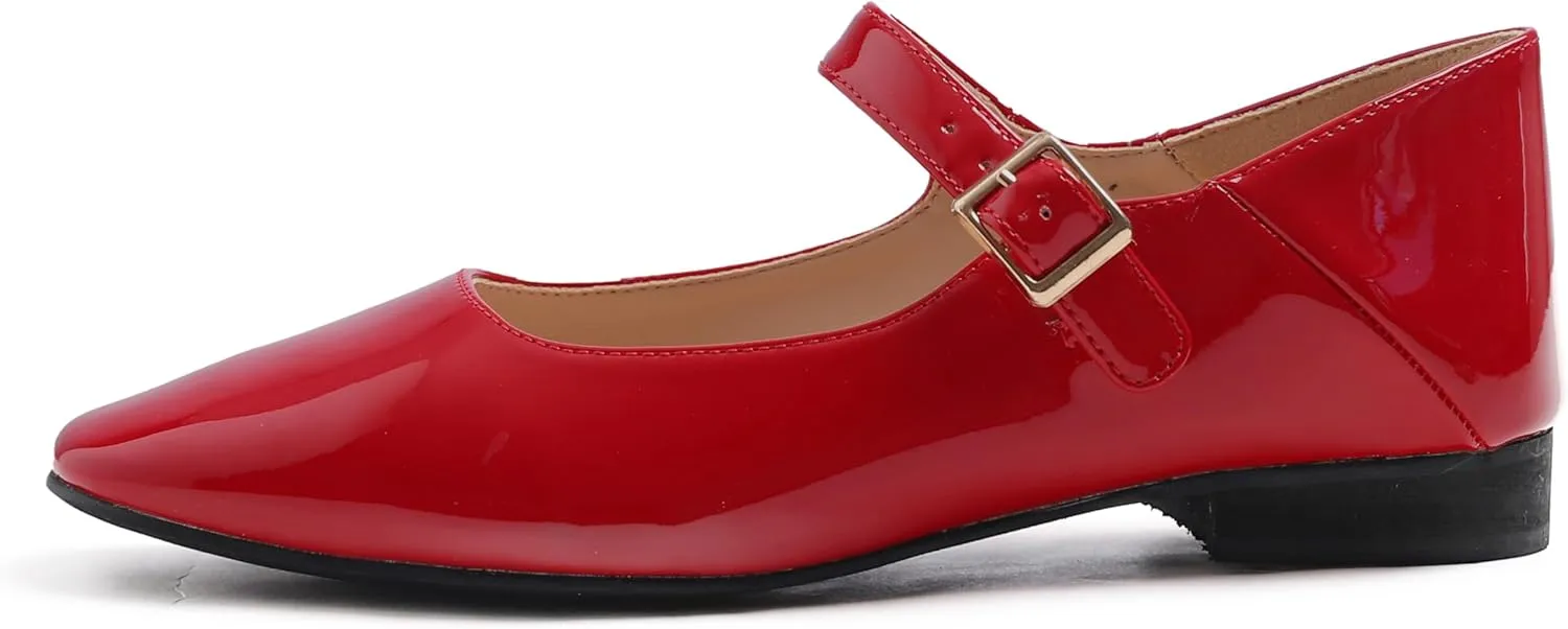FEVERSOLE Women's Mary Jane Fashion Square Toe Easy Buckle Low Heel Slip On Flats