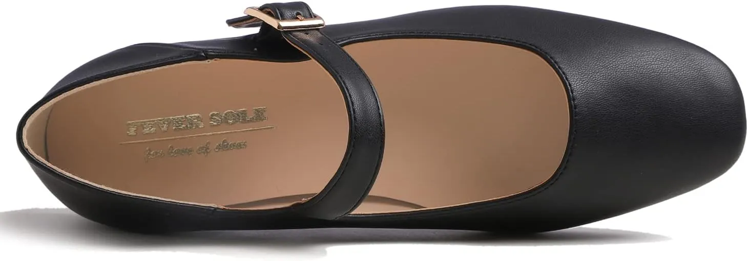 FEVERSOLE Women's Mary Jane Fashion Square Toe Easy Buckle Low Heel Slip On Flats