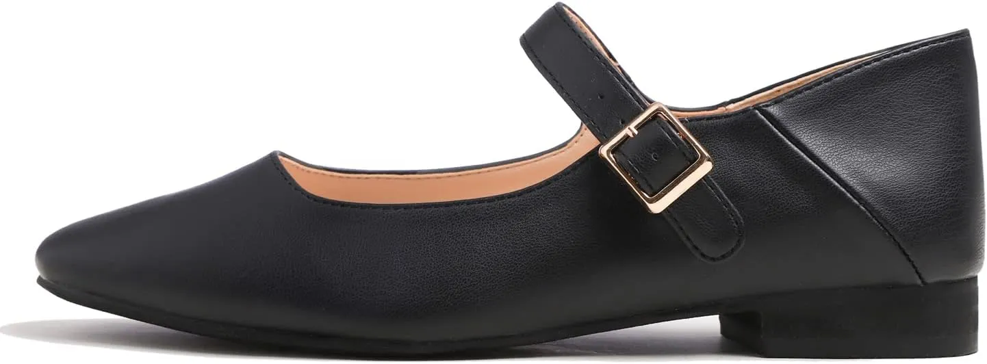 FEVERSOLE Women's Mary Jane Fashion Square Toe Easy Buckle Low Heel Slip On Flats