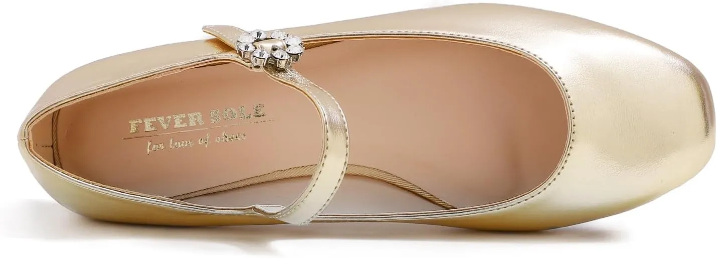 FEVERSOLE Women's Mary Jane Fashion Square Toe Easy Buckle Slip On Flats