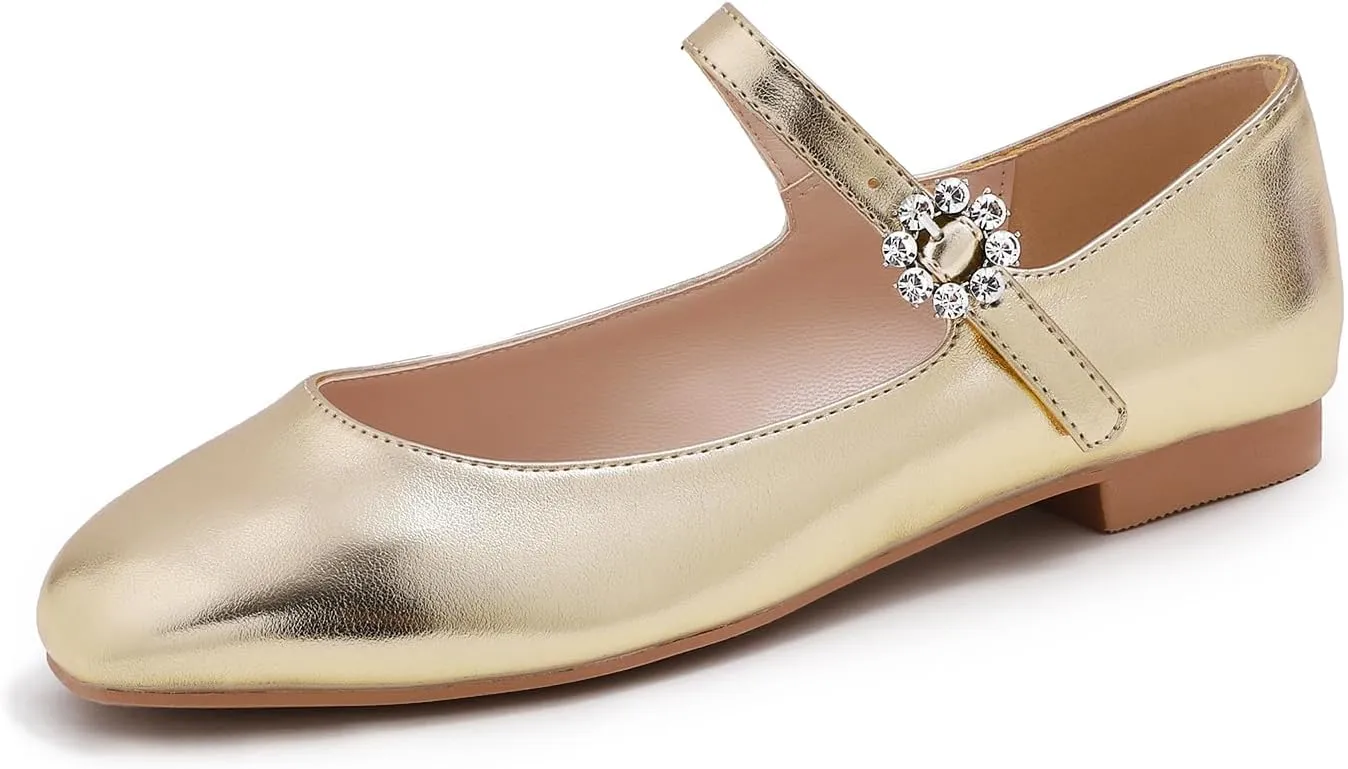 FEVERSOLE Women's Mary Jane Fashion Square Toe Easy Buckle Slip On Flats