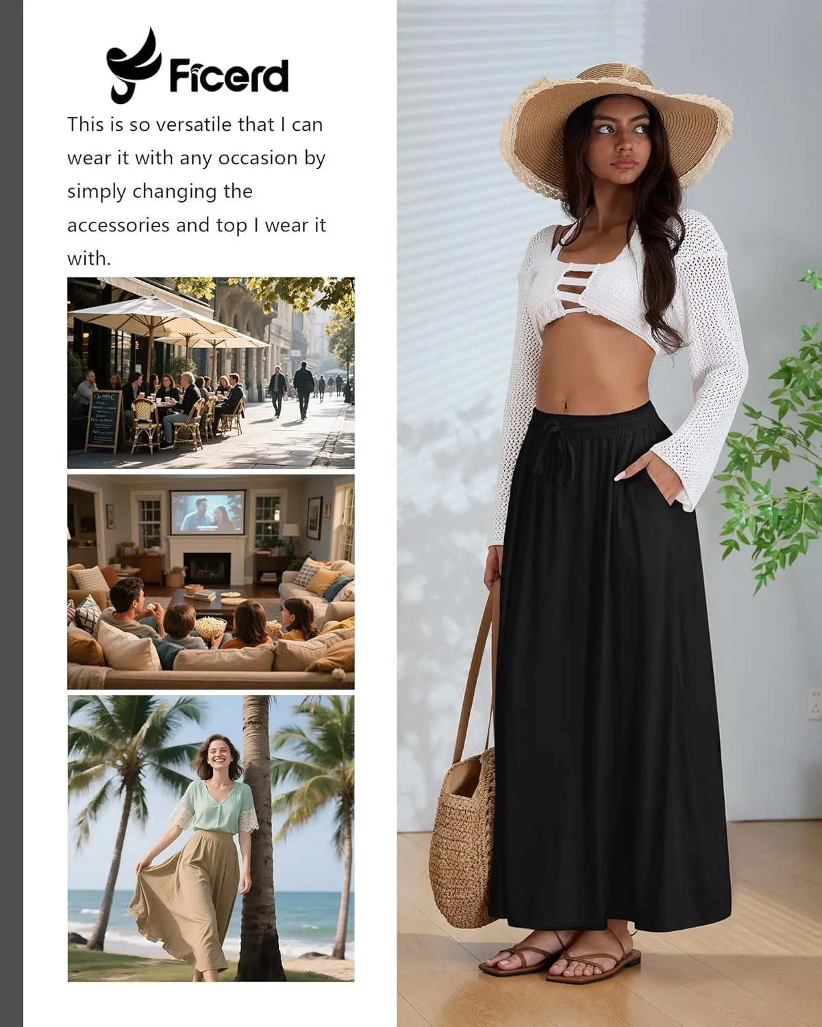 Ficerd 3 Pack Women's Maxi Long Skirts, Ankle Length a Line Elastic High Waist Summer Casual Drawstring Skirts with Pockets