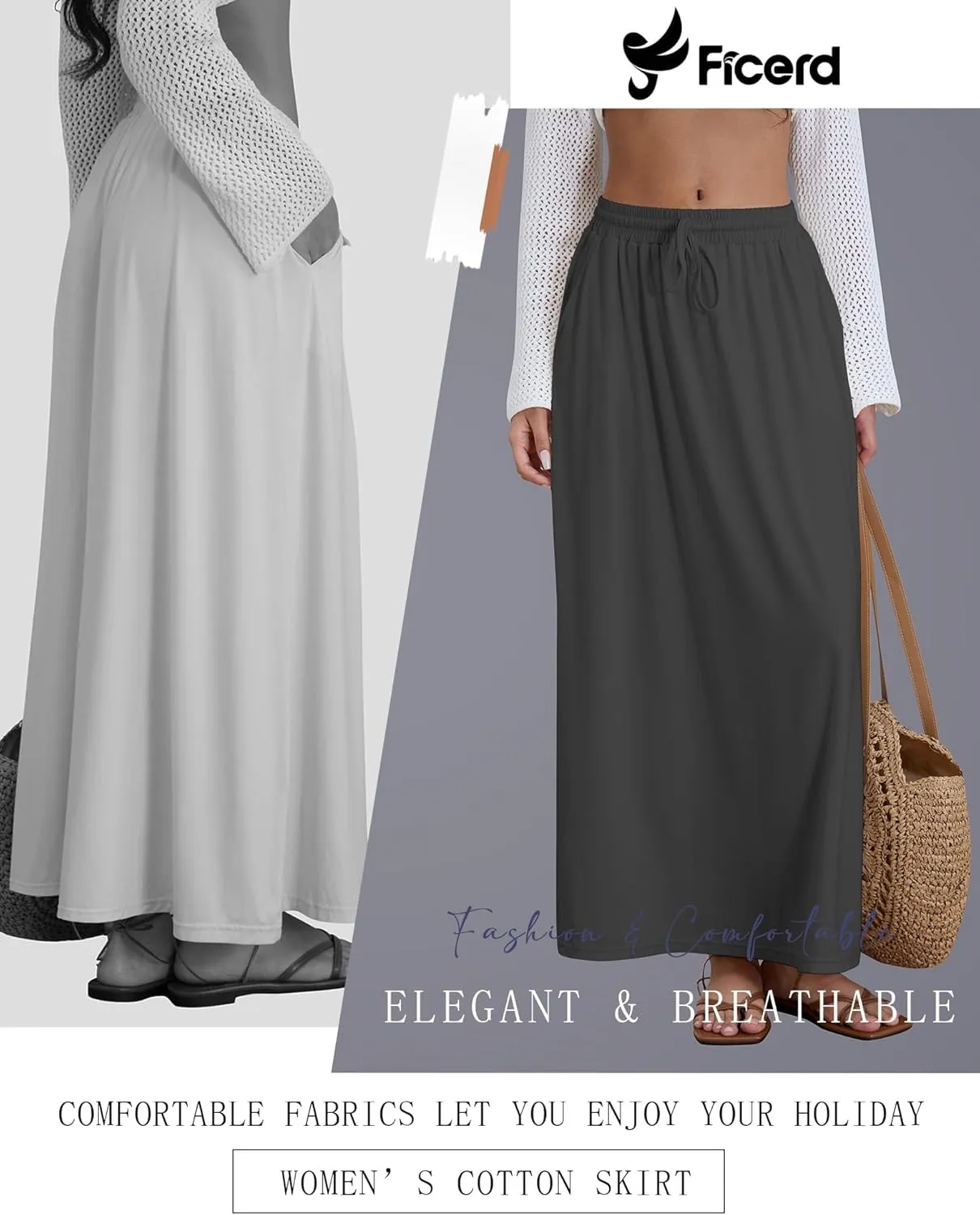 Ficerd 3 Pack Women's Maxi Long Skirts, Ankle Length a Line Elastic High Waist Summer Casual Drawstring Skirts with Pockets