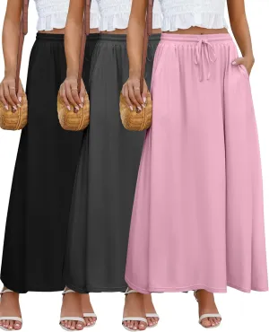 Ficerd 3 Pack Women's Maxi Long Skirts, Ankle Length a Line Elastic High Waist Summer Casual Drawstring Skirts with Pockets