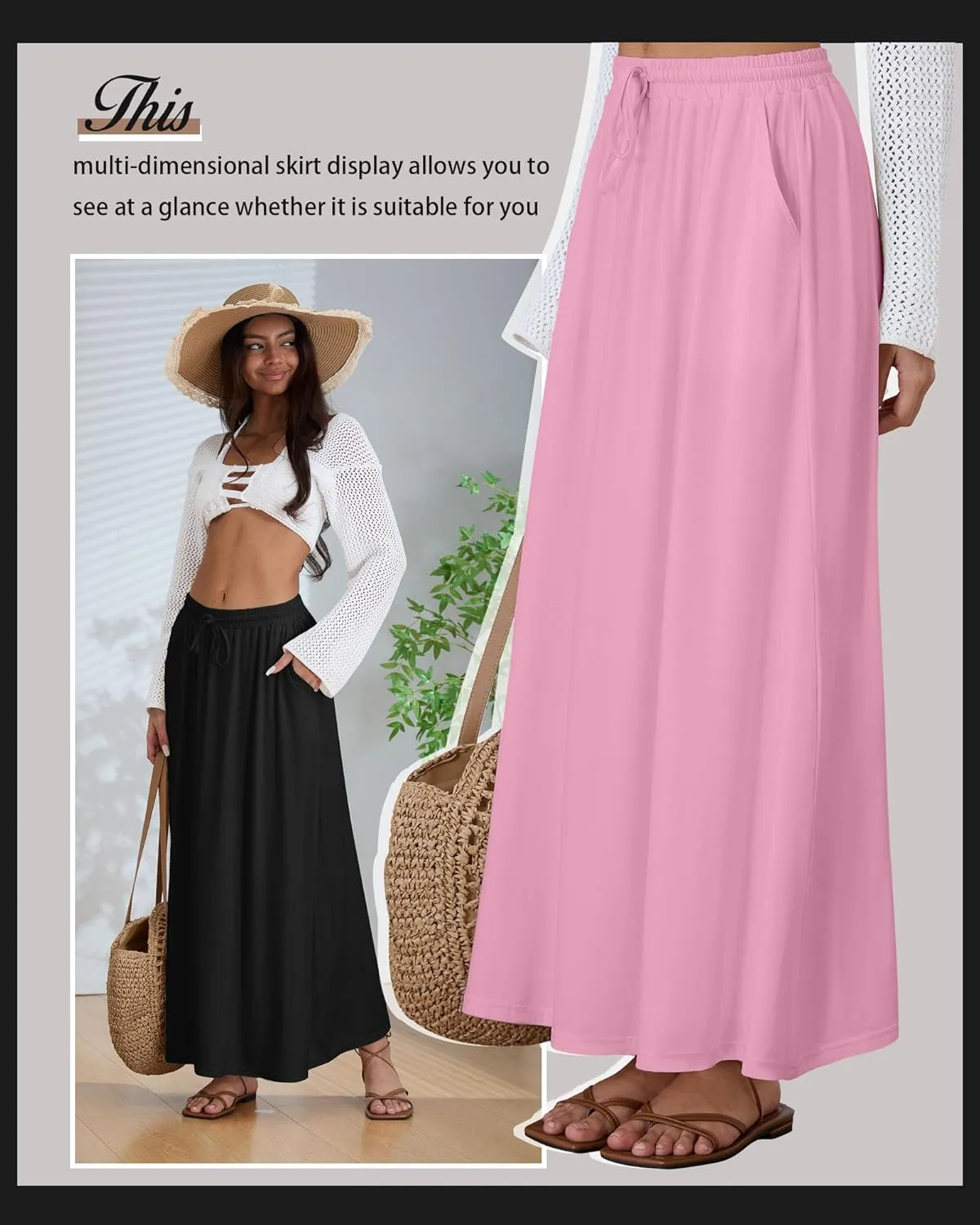 Ficerd 3 Pack Women's Maxi Long Skirts, Ankle Length a Line Elastic High Waist Summer Casual Drawstring Skirts with Pockets