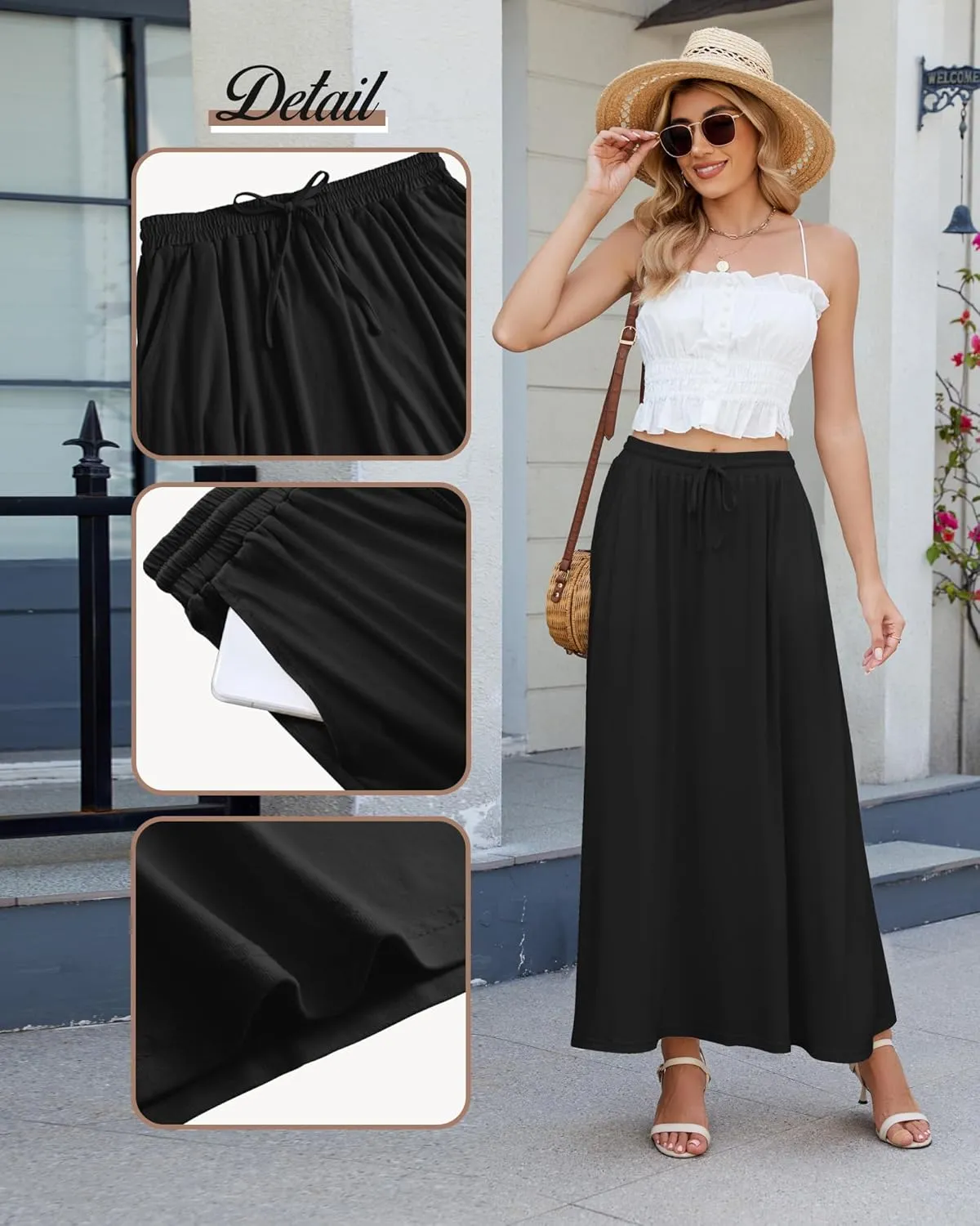 Ficerd 3 Pack Women's Maxi Long Skirts, Ankle Length a Line Elastic High Waist Summer Casual Drawstring Skirts with Pockets