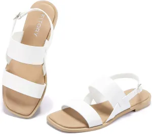 FITORY Women's Flat Sandals Fashionable Square Open Toe Adjustable Buckle Slippers Summer Size 6-11