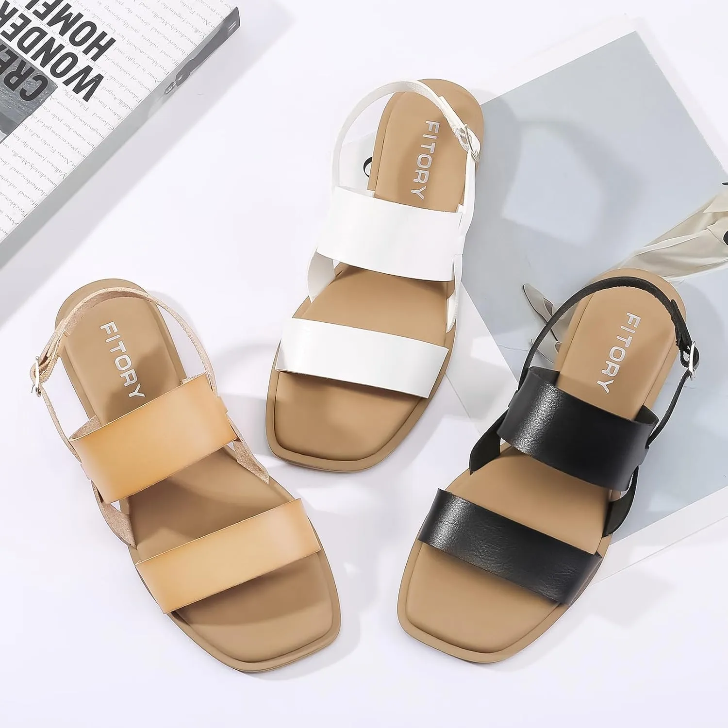 FITORY Women's Flat Sandals Fashionable Square Open Toe Adjustable Buckle Slippers Summer Size 6-11