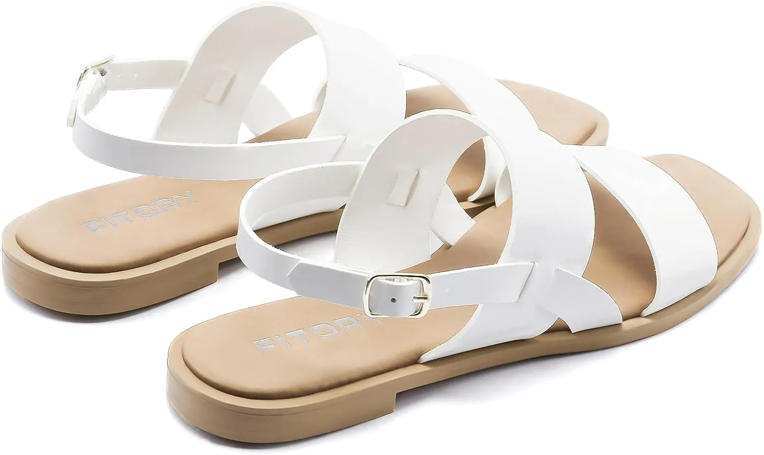FITORY Women's Flat Sandals Fashionable Square Open Toe Adjustable Buckle Slippers Summer Size 6-11