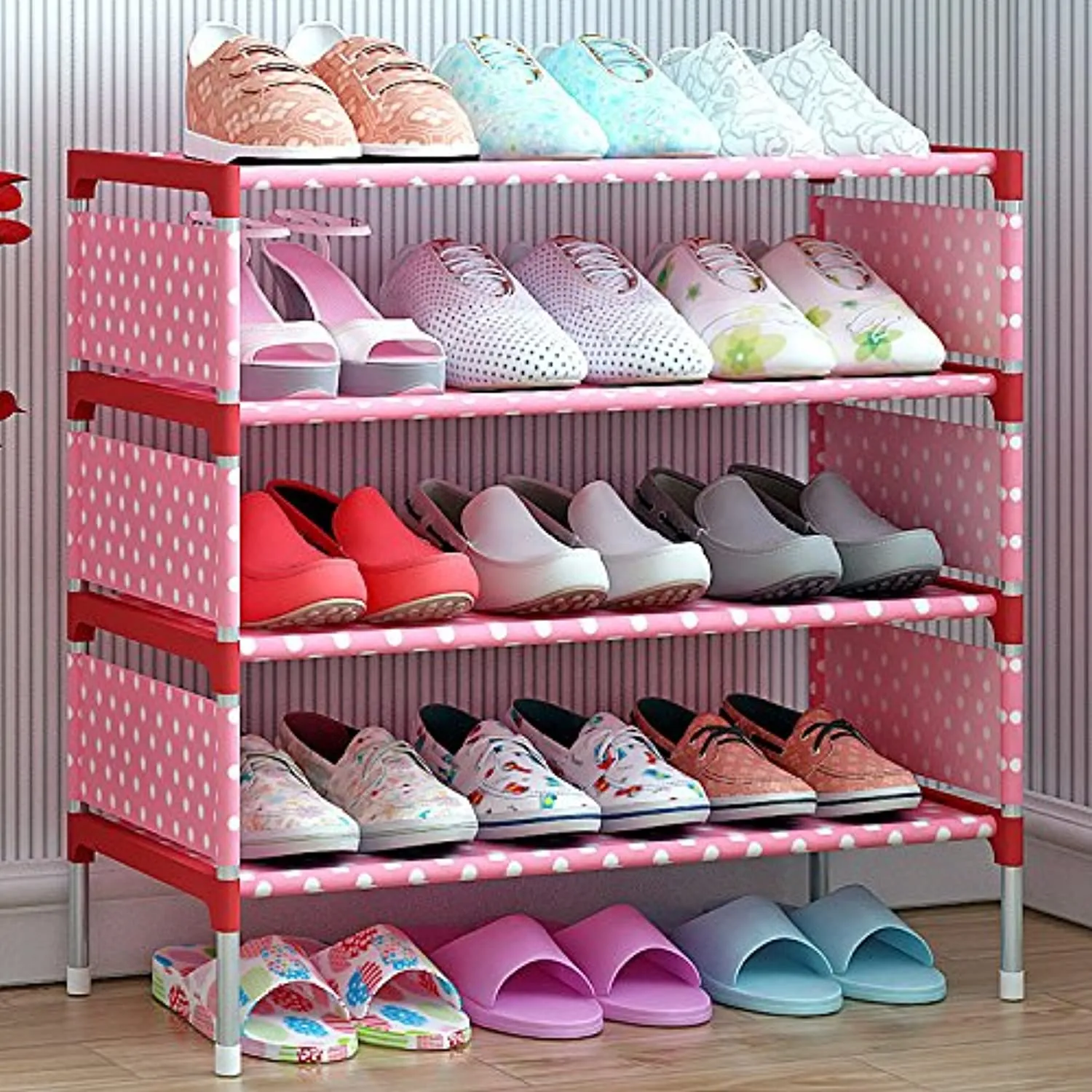 FKUO Shoes Shelf Easy Assembled Non-Woven 4 Tier Shoe Rack Shelf Storage Organizer Stand Holder Keep Room Neat Door Space Saving (Pink, 57.5 x 26 x 64cm)