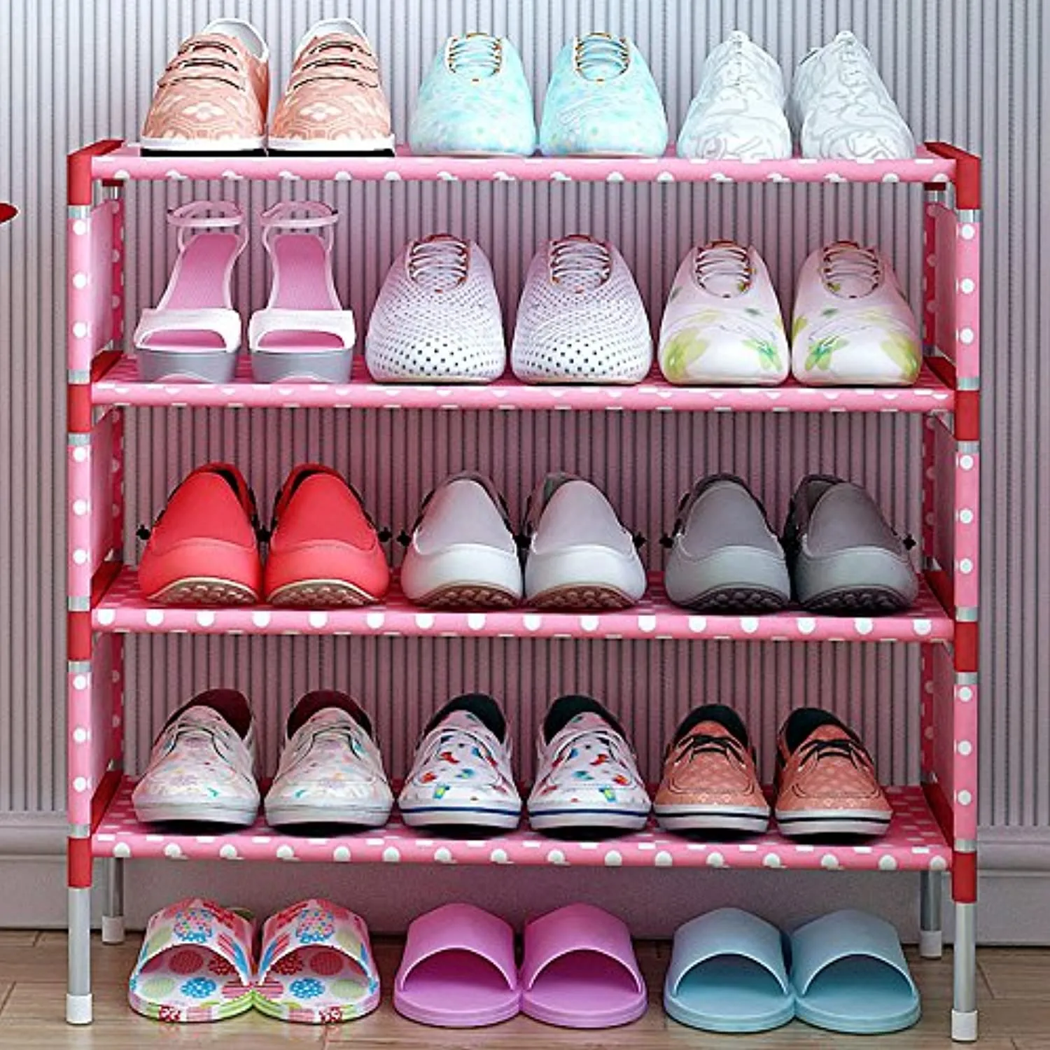 FKUO Shoes Shelf Easy Assembled Non-Woven 4 Tier Shoe Rack Shelf Storage Organizer Stand Holder Keep Room Neat Door Space Saving (Pink, 57.5 x 26 x 64cm)