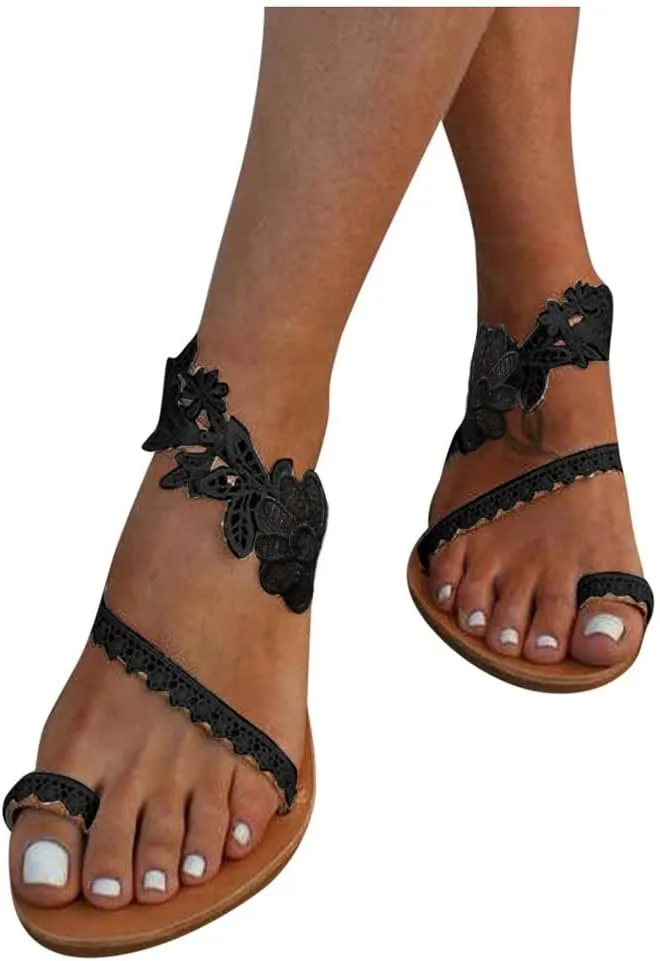 Flat Sandals for Women, Slip On Summer Lace Floral Beach Flip Flop Comfy Dress Shoes Elegant Toe Ring Roman Sandals