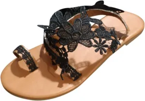 Flat Sandals for Women, Slip On Summer Lace Floral Beach Flip Flop Comfy Dress Shoes Elegant Toe Ring Roman Sandals