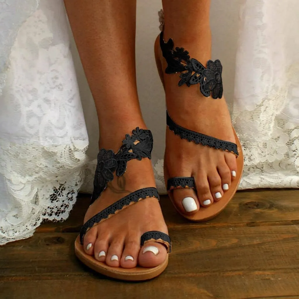 Flat Sandals for Women, Slip On Summer Lace Floral Beach Flip Flop Comfy Dress Shoes Elegant Toe Ring Roman Sandals