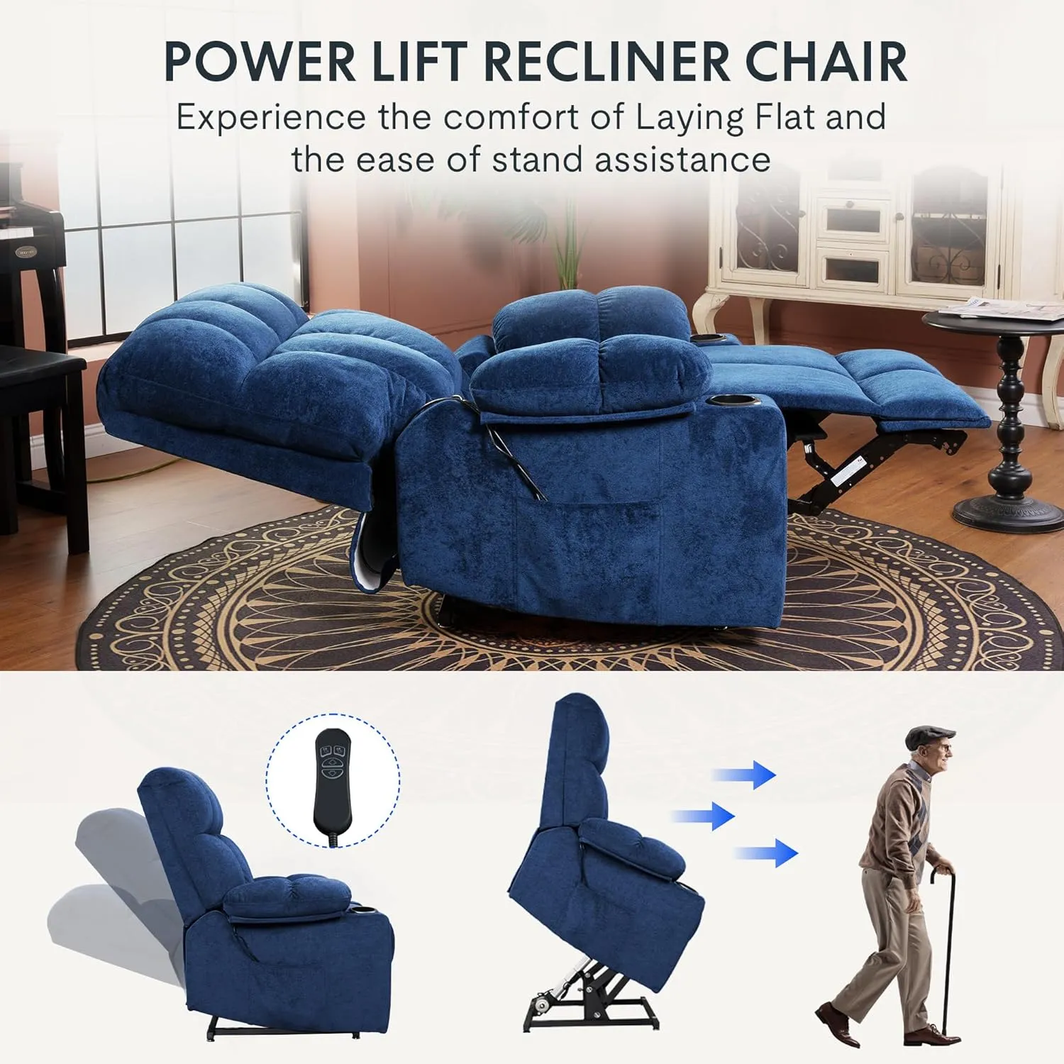 FLEXISPOT XL5 Dual OKIN Motor Power Lift Recliner Chair for Elderly, Lay Flat Electric Recliner with Massage & Heat, USB Ports, Fabric Reclining Sofa for Living Room Bedroom, Blue